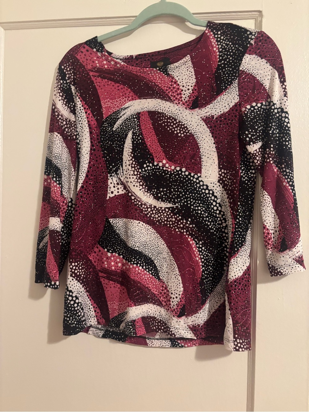 JM Collection Abstract Swirl 3/4 Sleeve Top - Berry, Black & White
